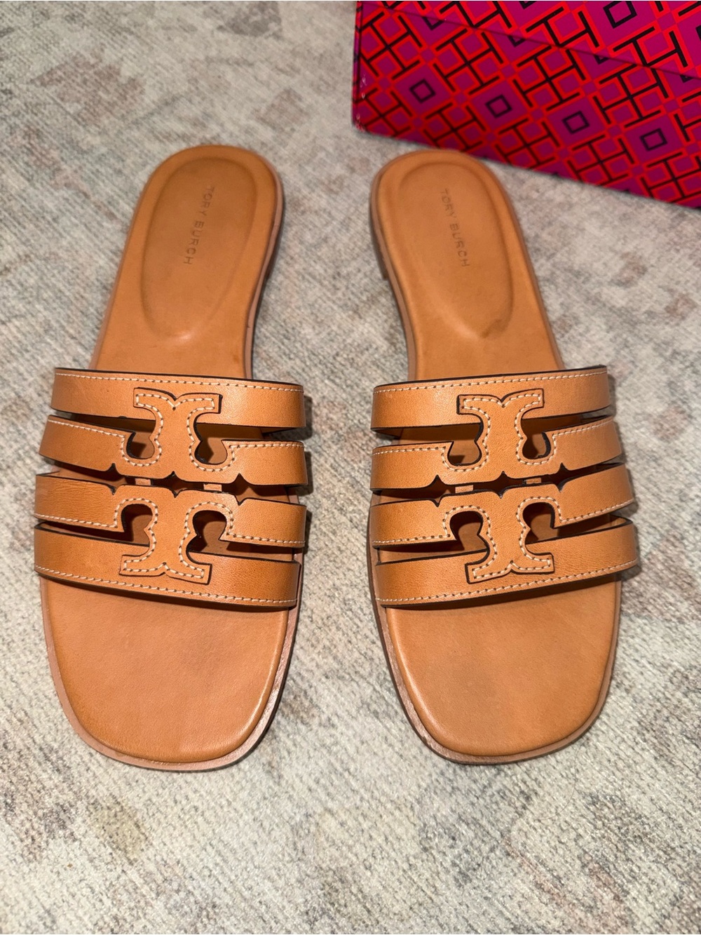 Tory Burch Ines Cognac Leather Triple-Strap Slide Mules - Picture 2 of 16